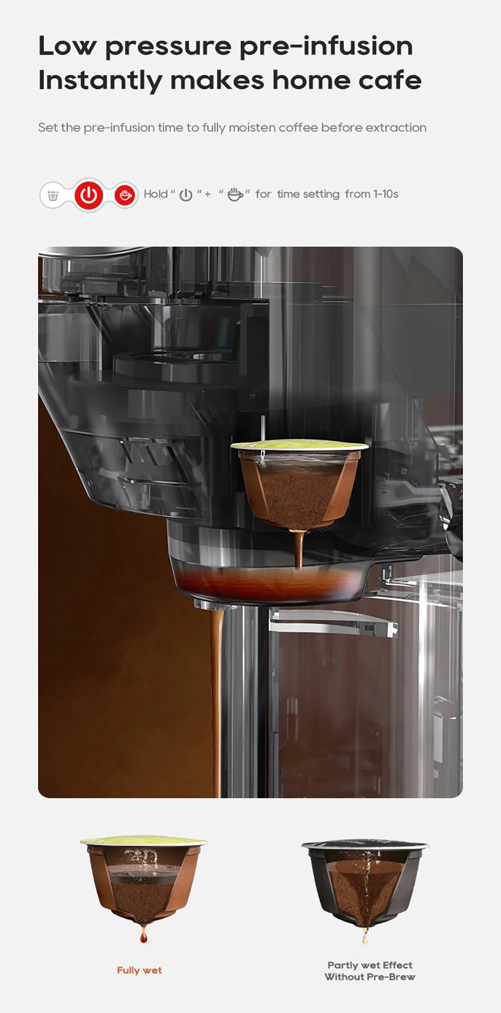 Macchina da caffè pre-infusione caffè a bassa pressione. Mostra due capsule.