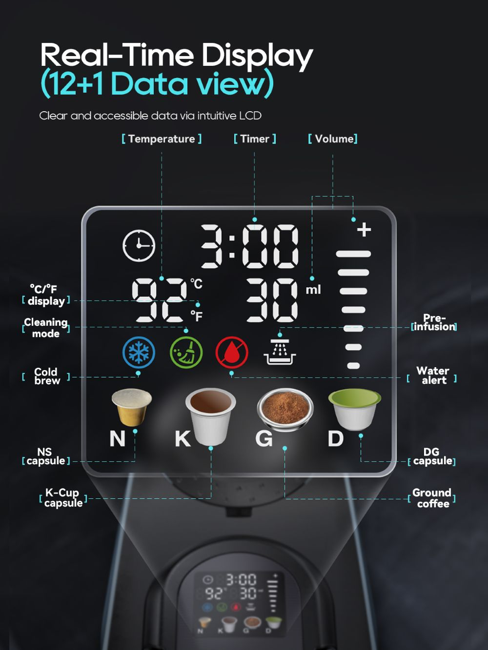 La pantalla digital muestra temporizador, temperatura, volumen, limpieza, infusión fría, alerta agua.