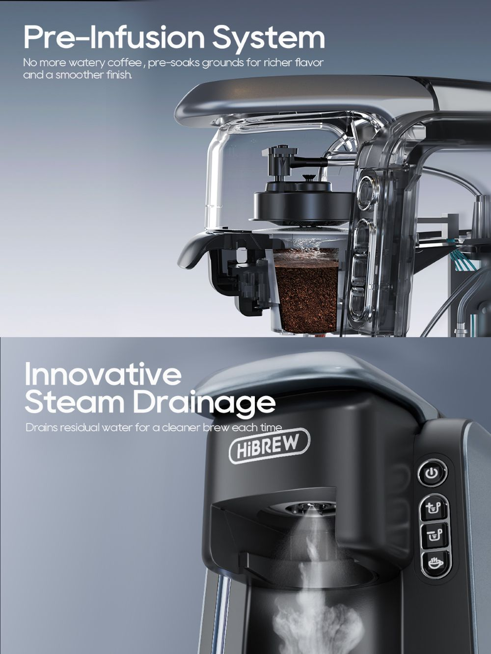 Cafetera con sistema de preinfusión y drenaje de vapor. Logo HiBREW.