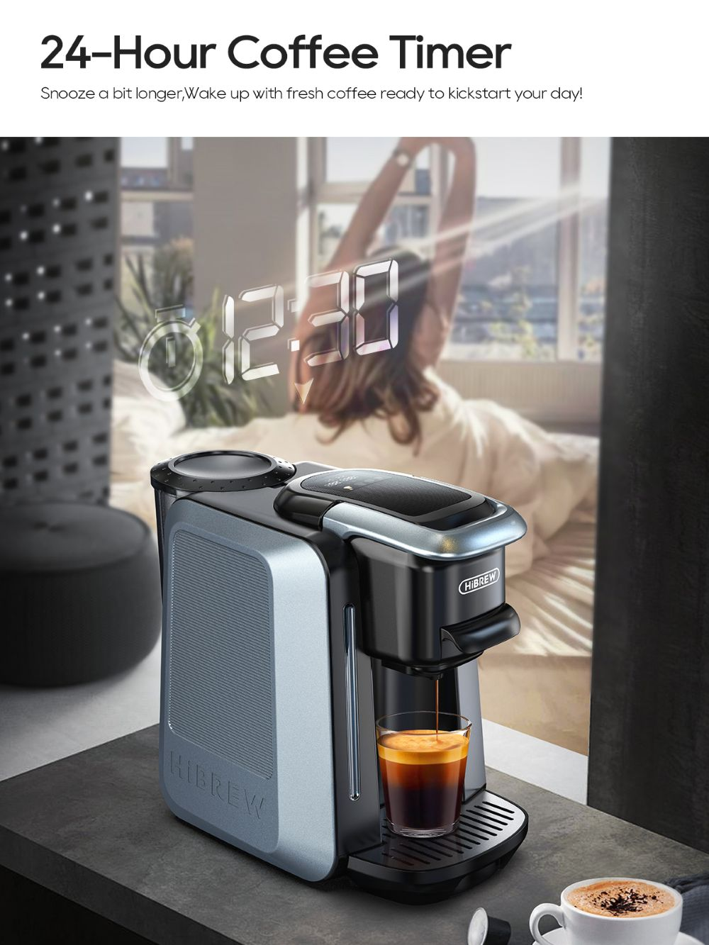 Cafetera prepara café en un vaso. Reloj digital marca las 12:30.