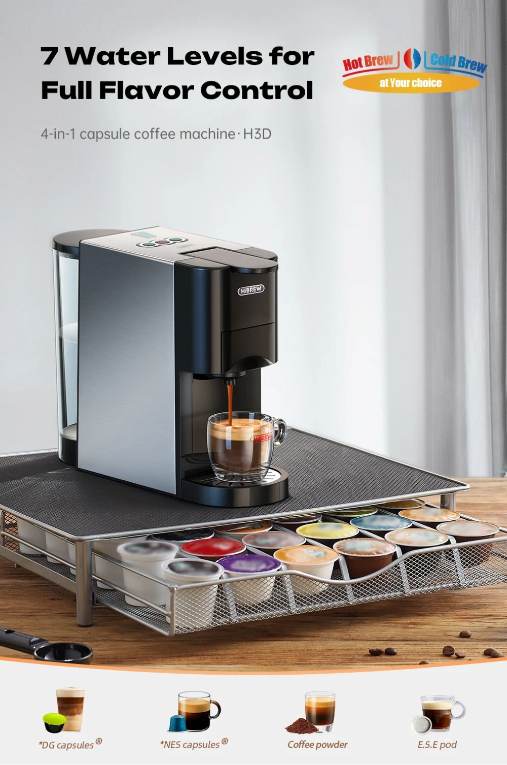 Macchina da caffè che prepara caffè in una tazza, con un cassetto per capsule sottostante.
