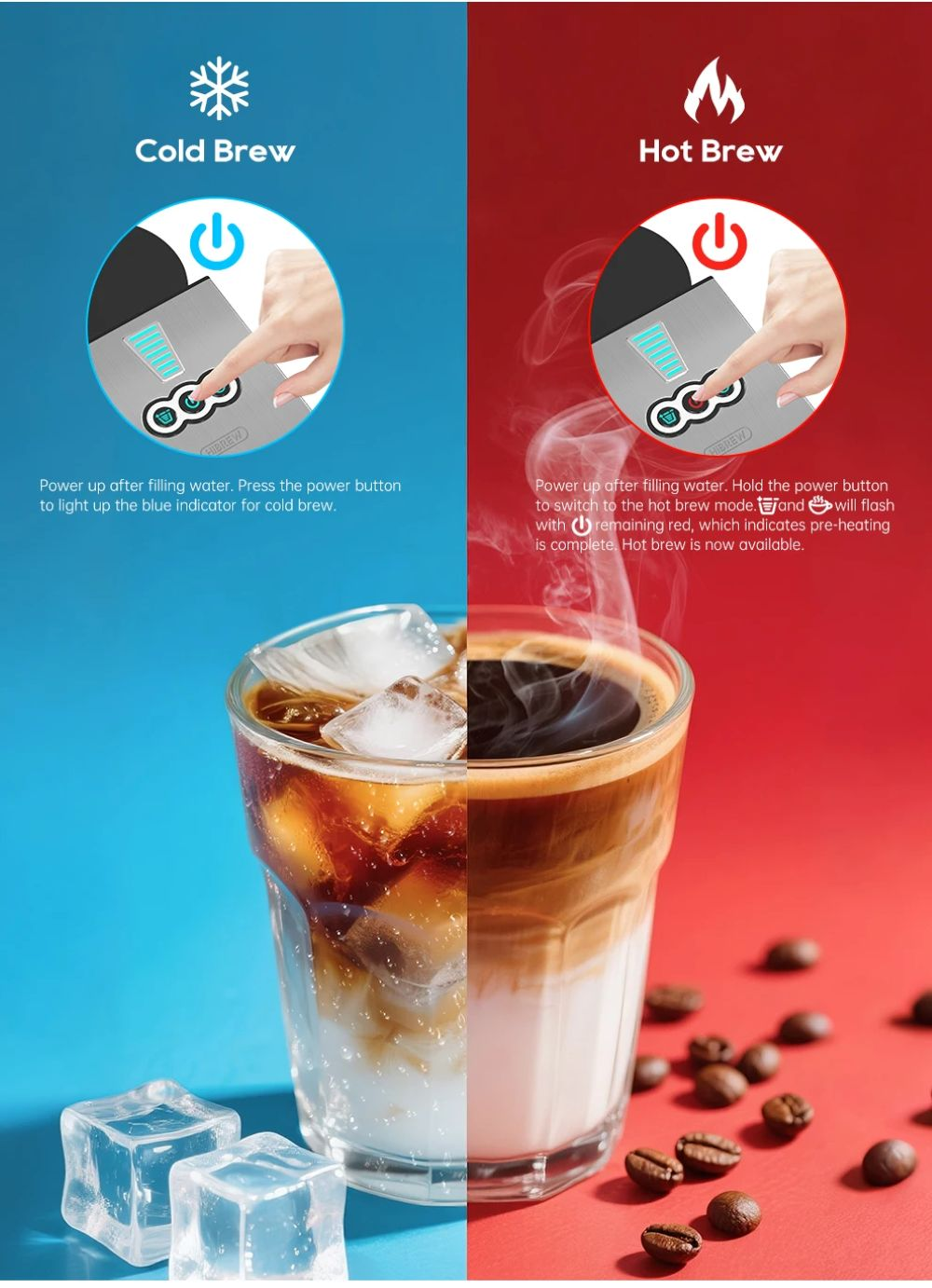 Preparazione caffè freddo e caldo con cubetti di ghiaccio e chicchi di caffè.