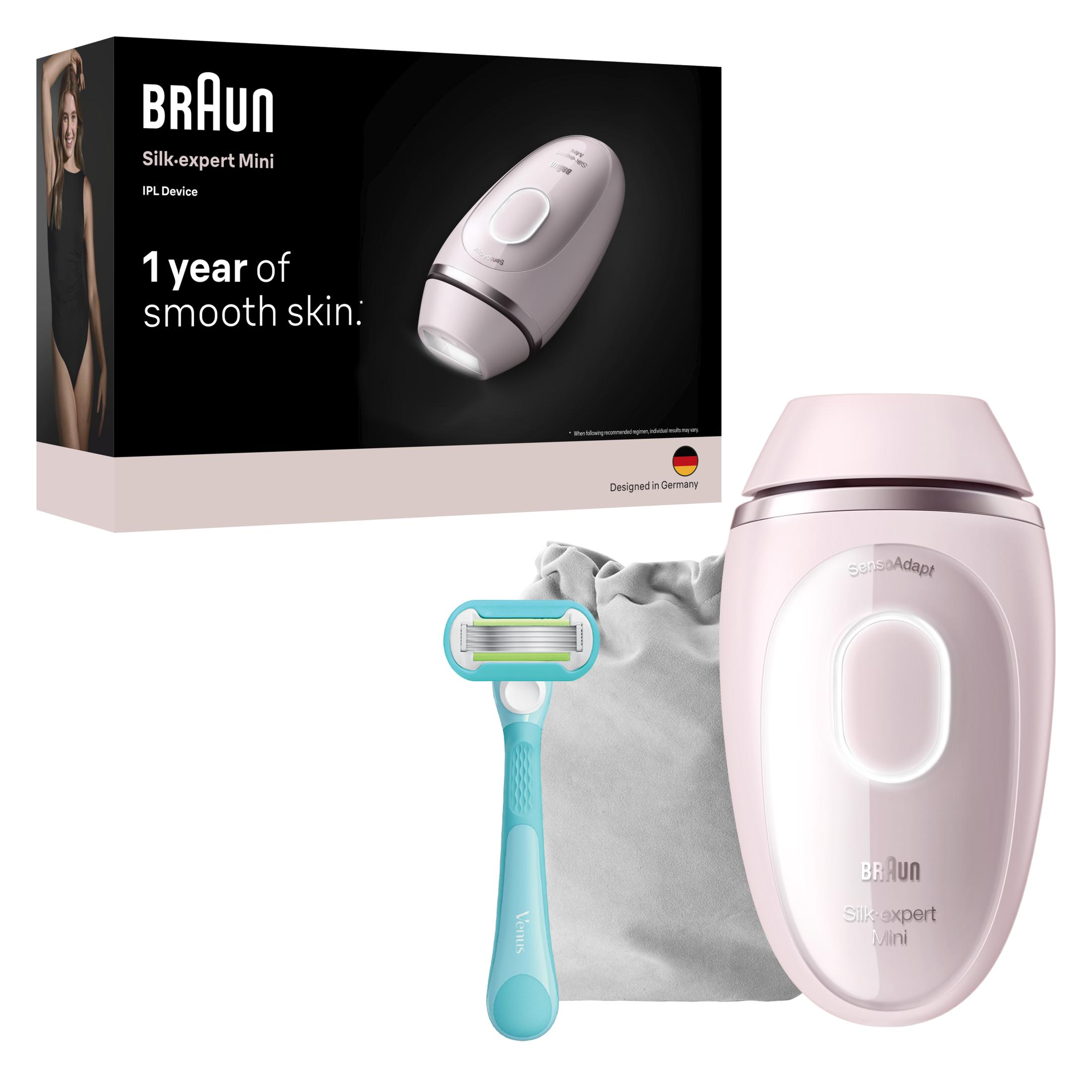 Dispositivo IPL Braun Silk-expert Mini con rasoio e pochette.