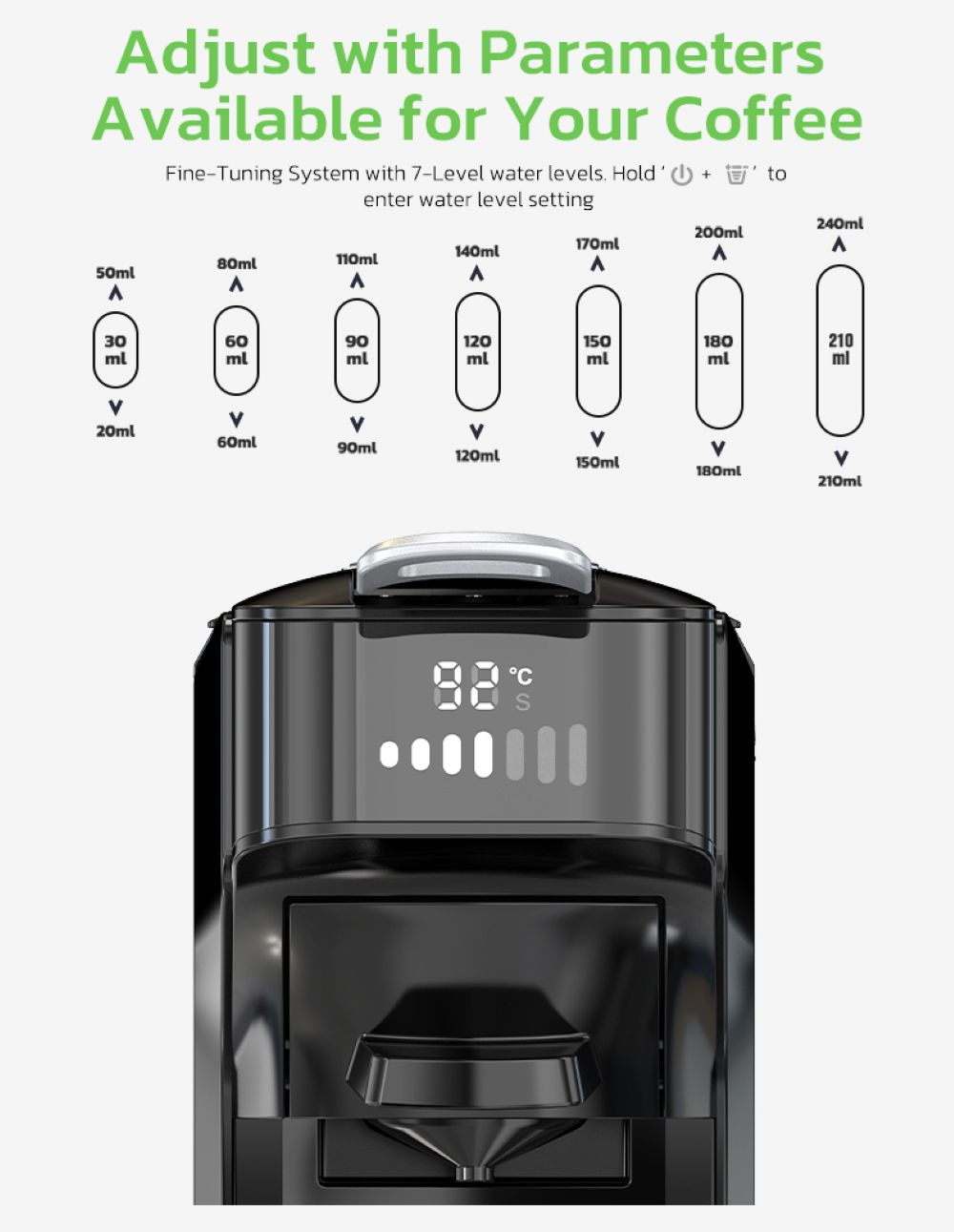 Cafetera con pantalla digital que muestra 92°C y 7 niveles de agua.