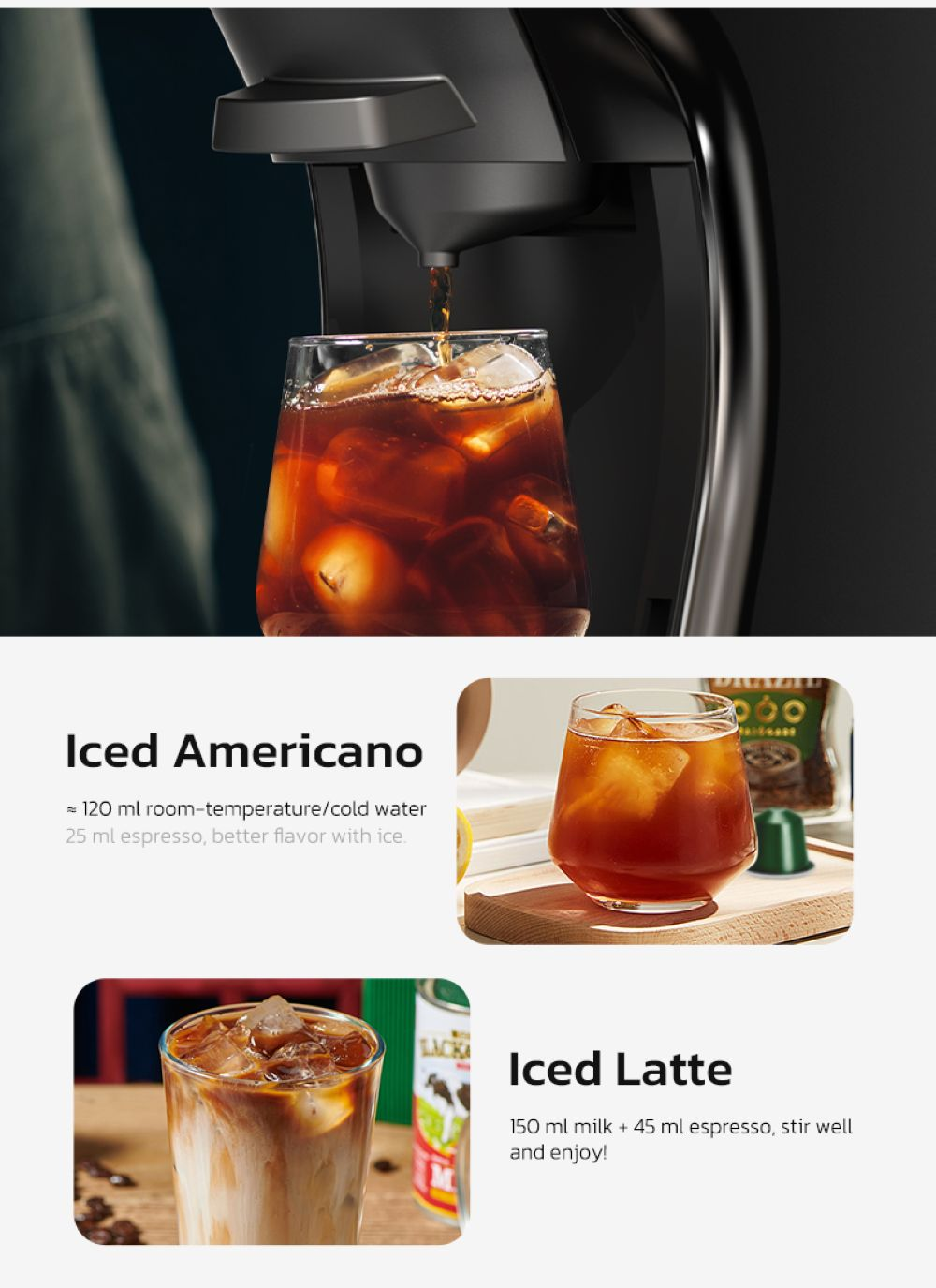 Café negro con cubitos de hielo se vierte en un vaso. Al lado hay café helado y latte helado.