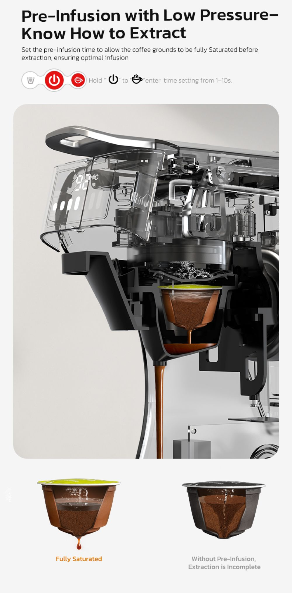 Corte de cafetera: el café fluye hacia una cápsula, dos cápsulas al lado.