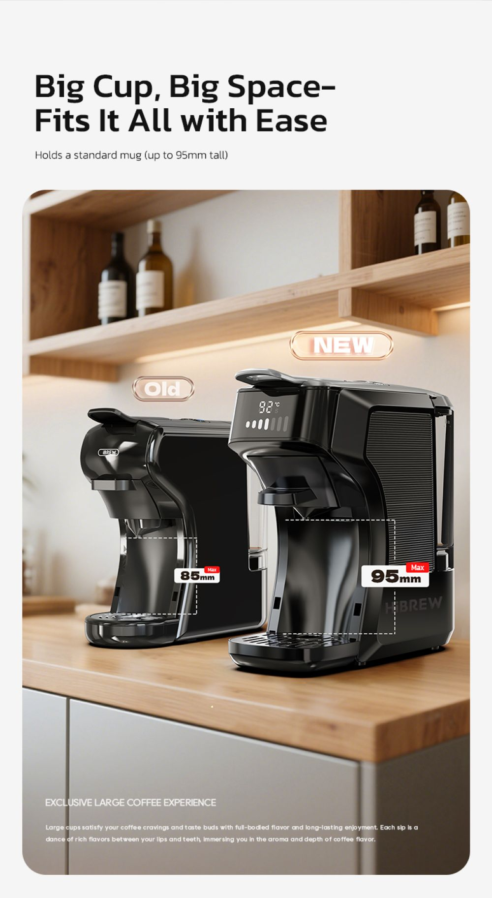 Dos cafeteras negras una al lado de la otra, modelos viejo y nuevo, con medidas.