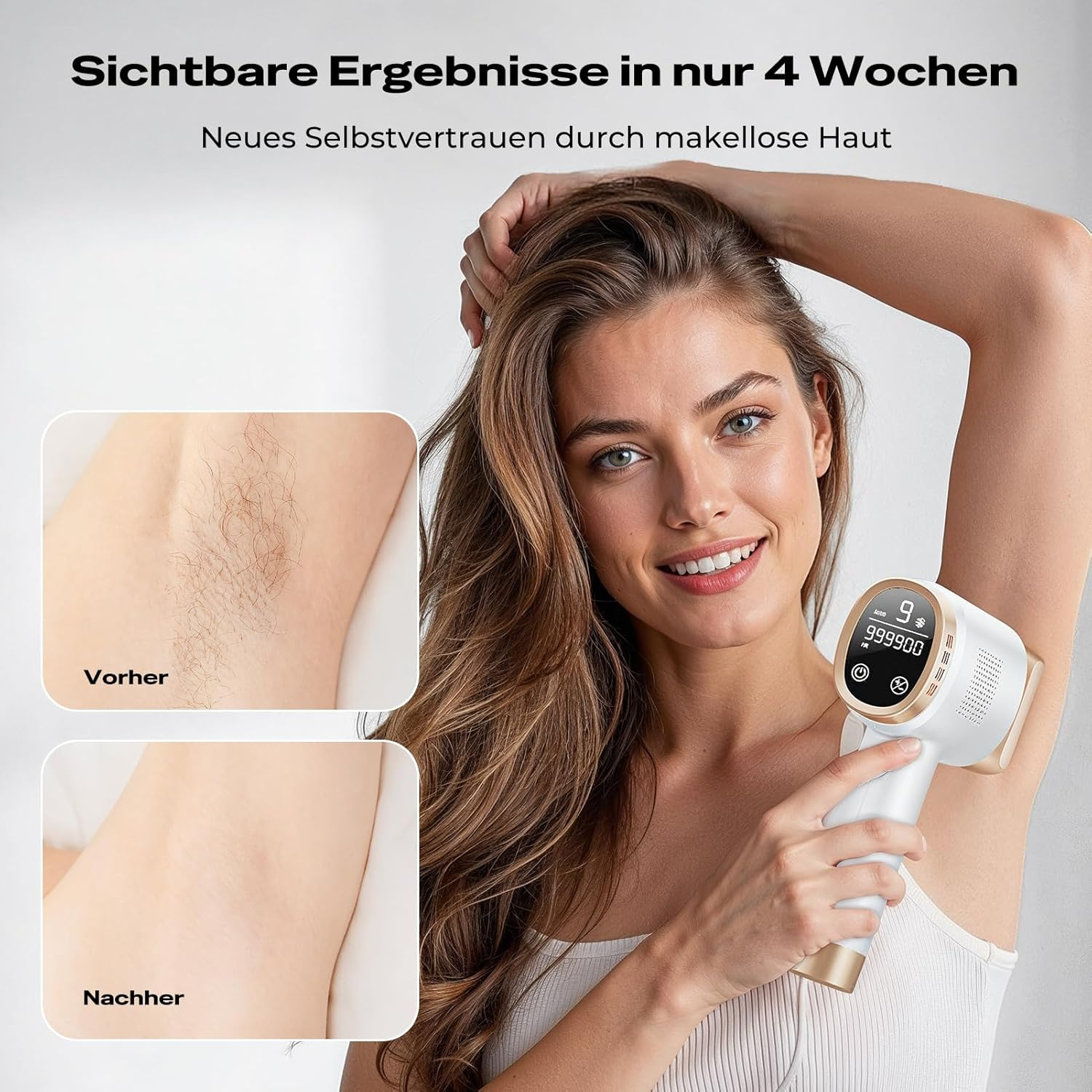 Frau mit Haarentfernungsgerät zeigt Achselbereich vorher/nachher.