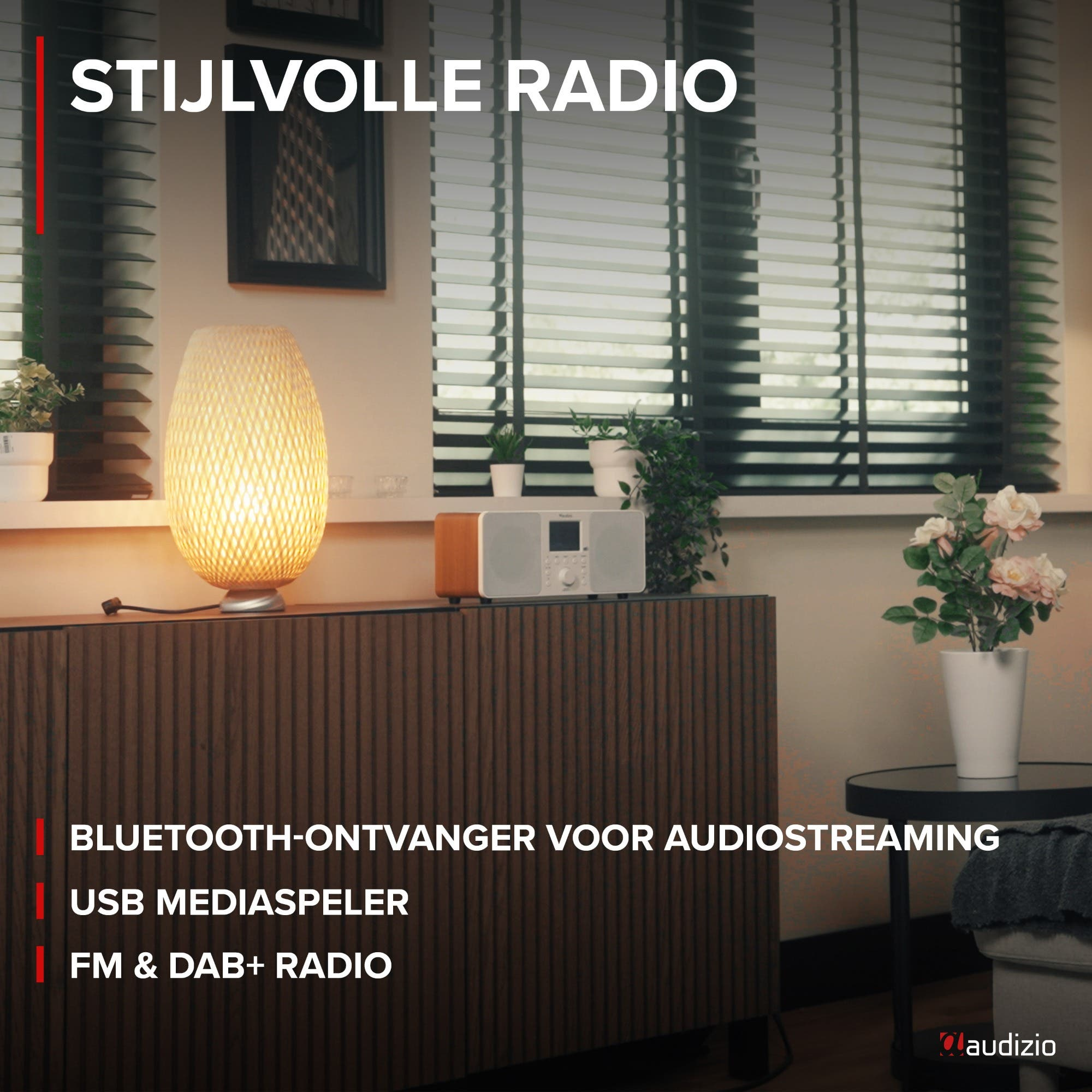 Stilvolles Radio mit Bluetooth, USB und DAB+ auf einem Holzschrank.