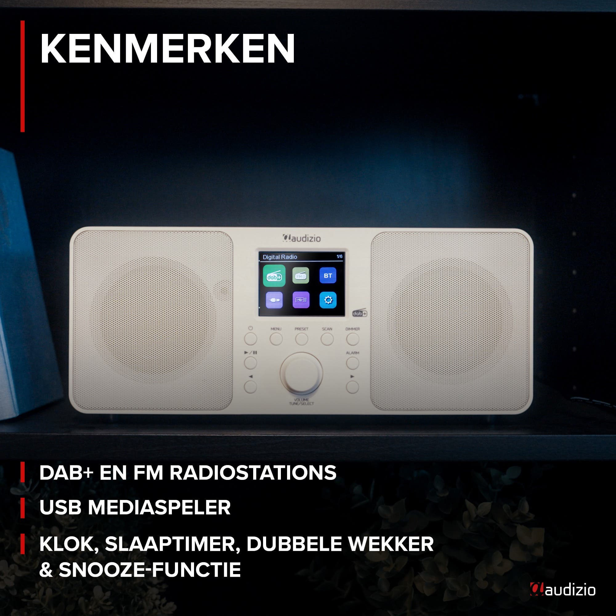 Ein weißes Audizio Digitalradio mit einem Bildschirm, der DAB+ und FM-Sender anzeigt.