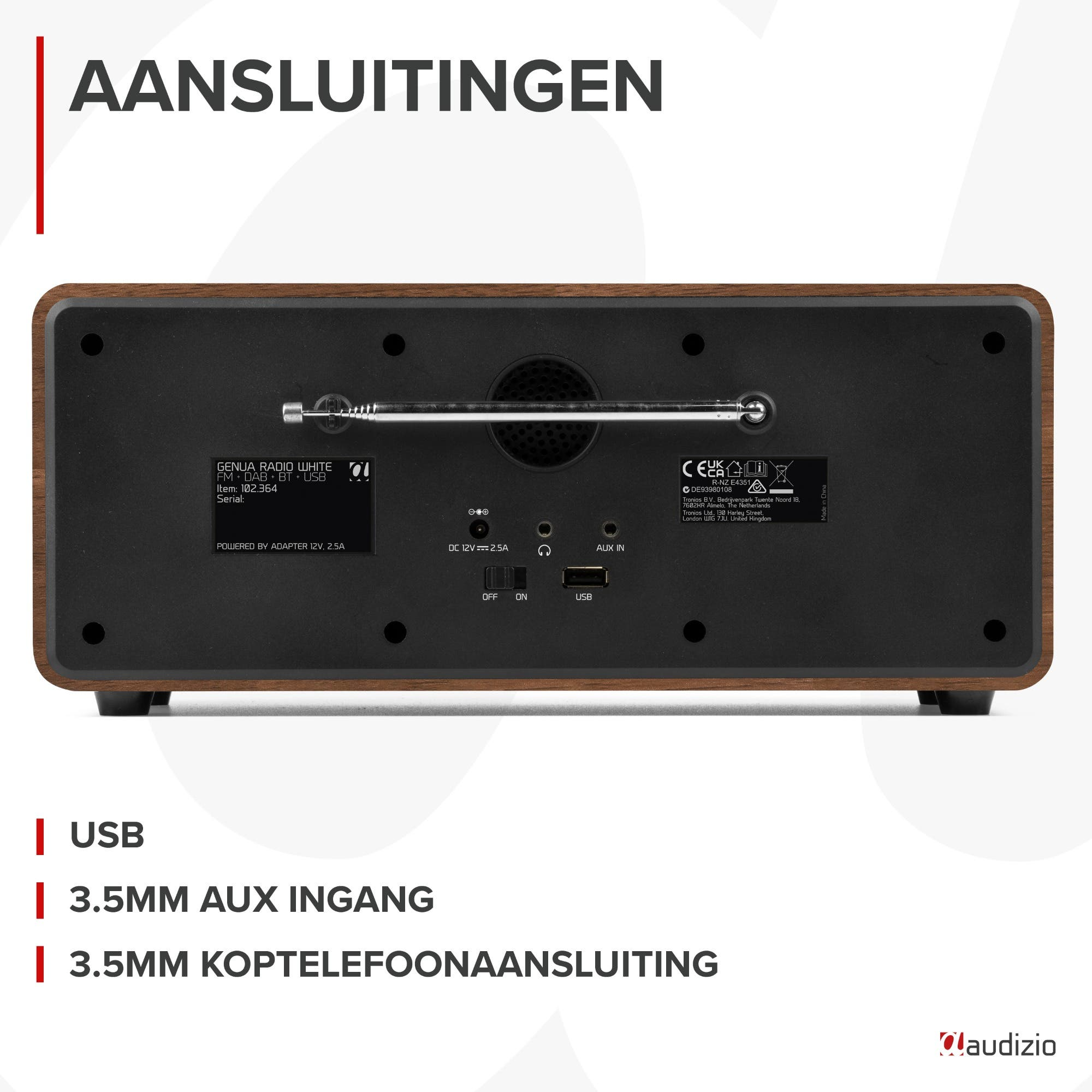 Rückseite eines Holzradios mit Anschlüssen: USB, DC 12V, Aux In.