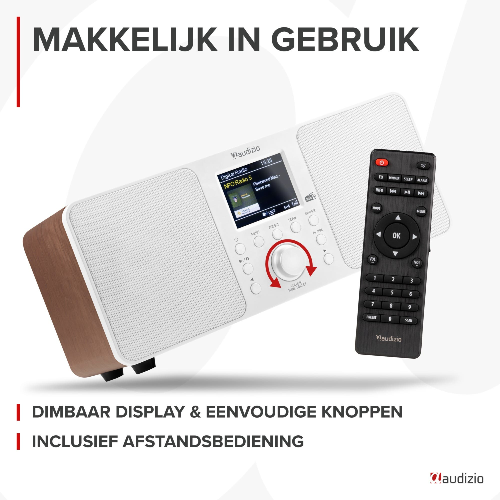 Ein weißes Audizio Digitalradio mit Holzakzenten und Fernbedienung.