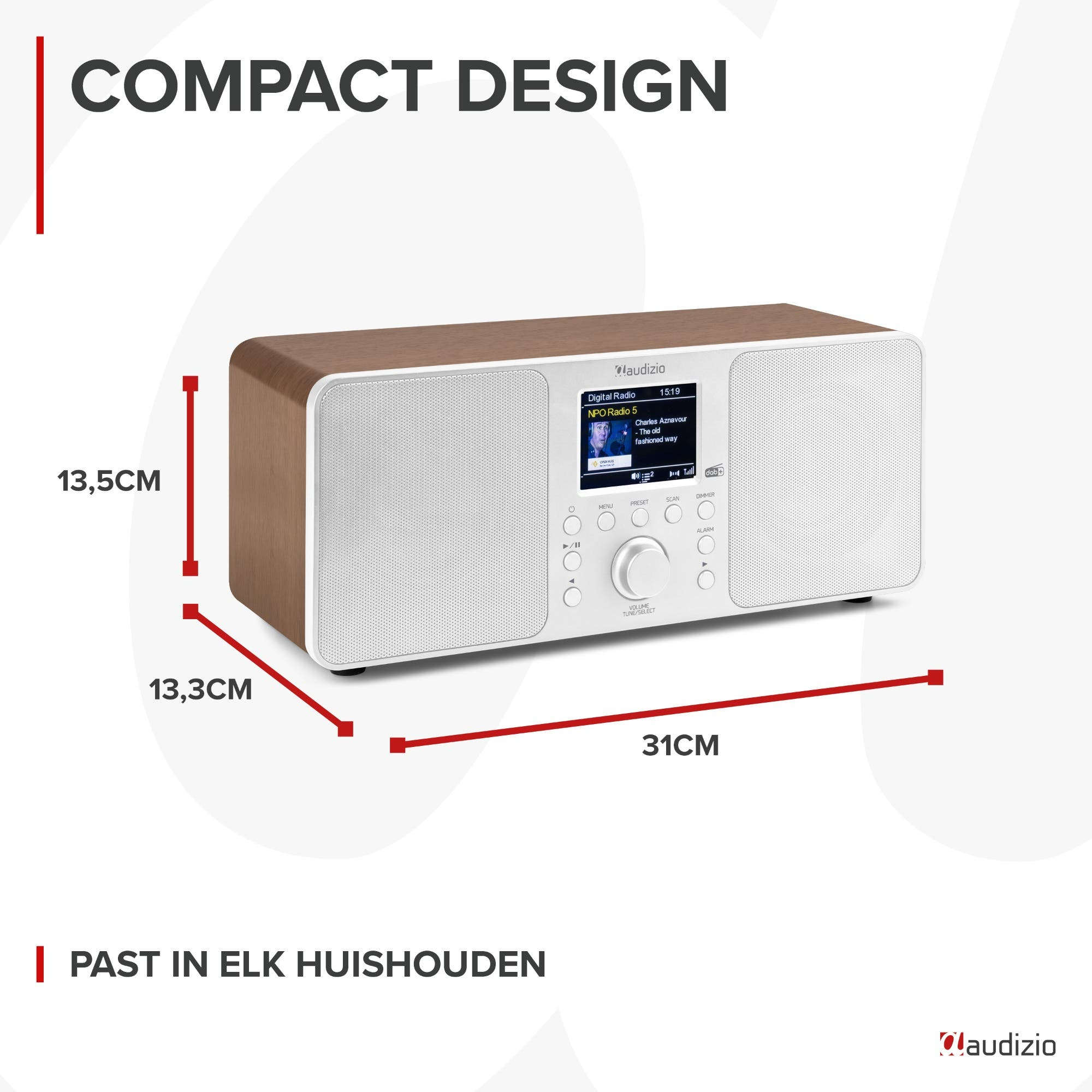 Kompakter Holz- und weißer Digitalradio mit Display und Bedienelementen.