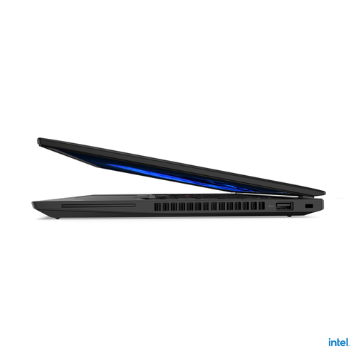 Black laptop in profile, slightly open, with Intel logo in bottom right.