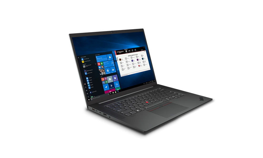An open black laptop displaying a Windows start menu and an application on screen.