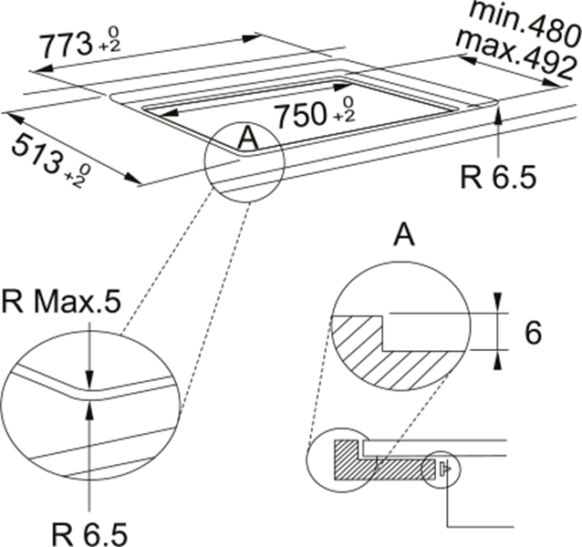 Disegno tecnico di un piano cottura con dimensioni e ritagli.