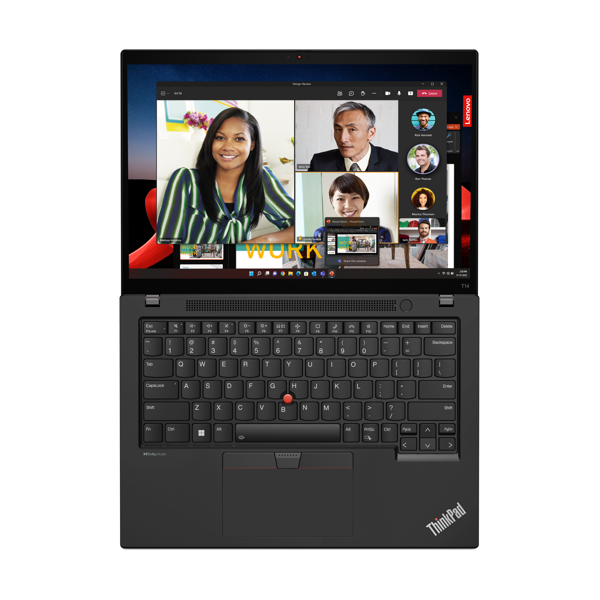 Laptop with video conference: A woman in front, men and women in windows.