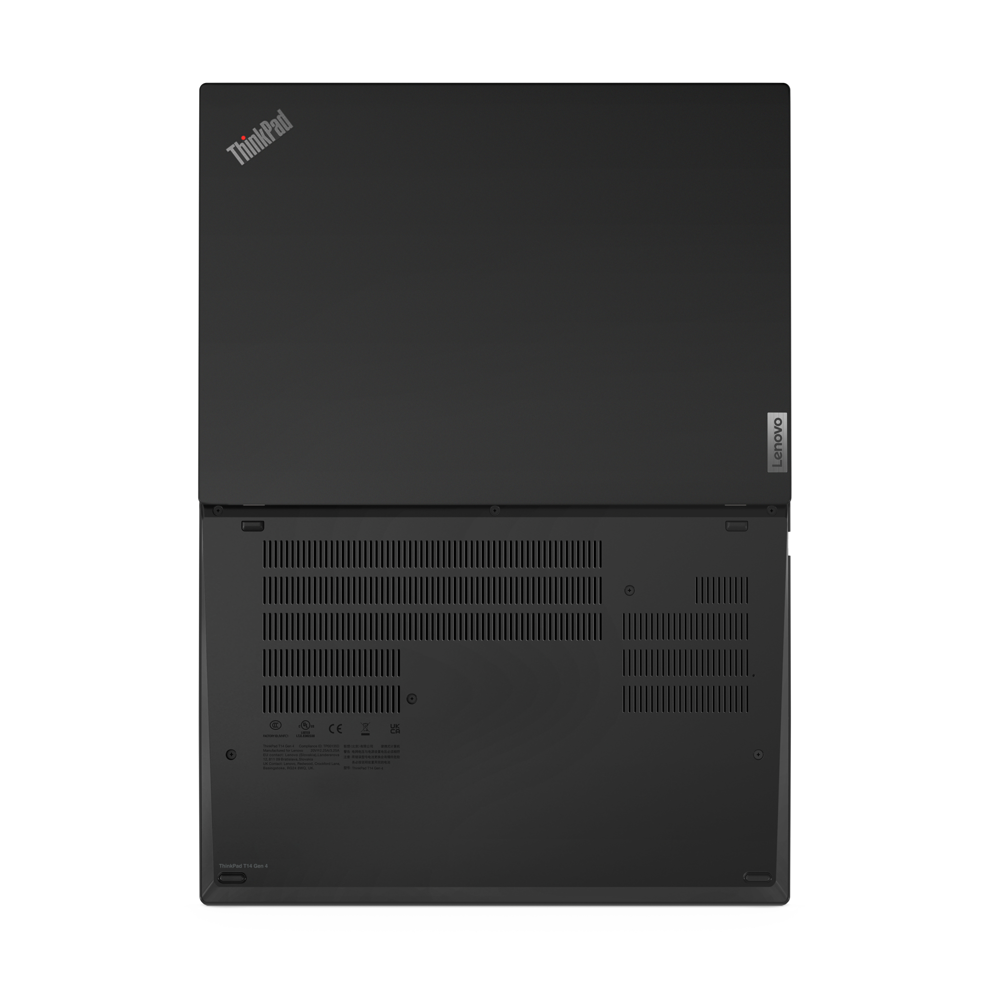 Underside of a black ThinkPad laptop, showing vents and certification marks.