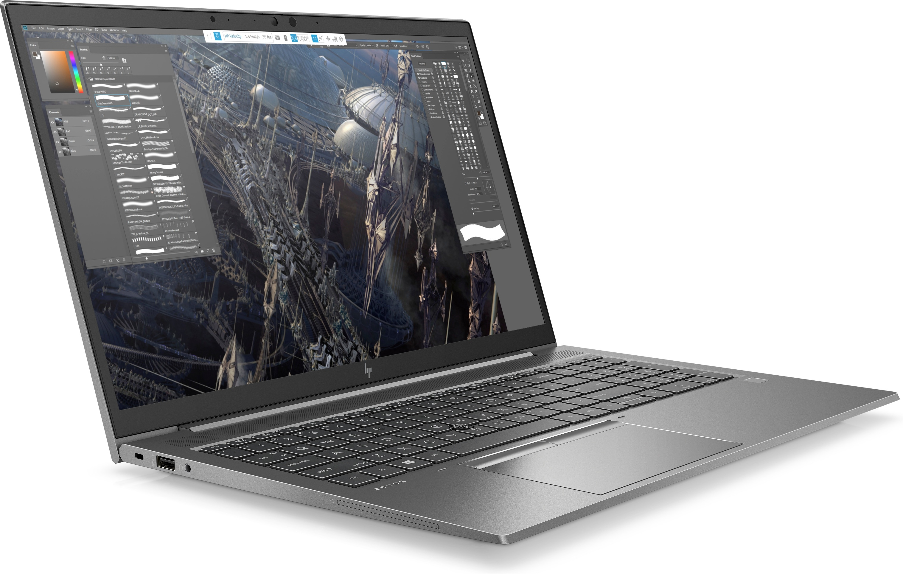 A silver HP laptop displays a digital art scene on its screen.
