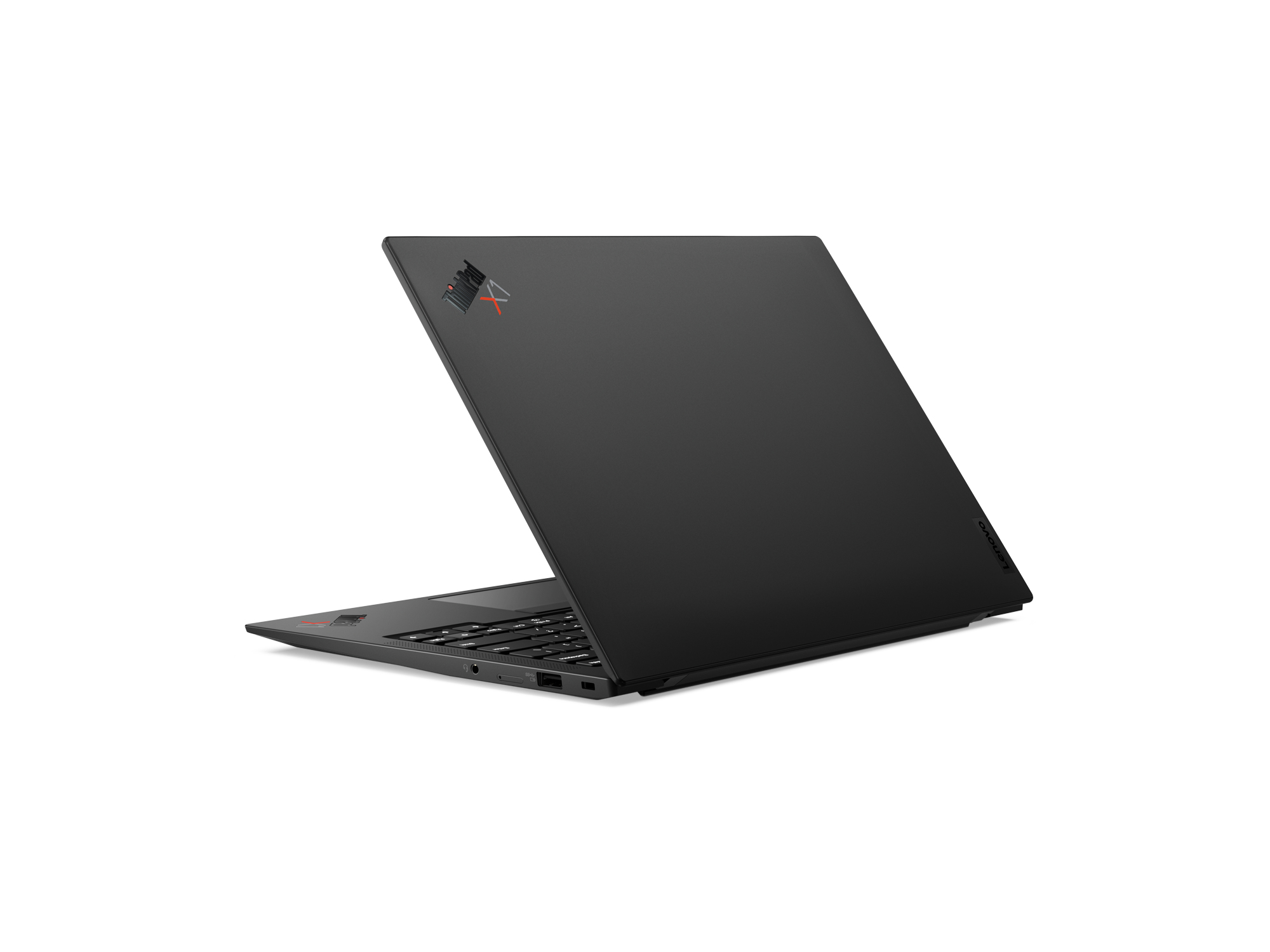 A black Lenovo ThinkPad laptop with its display open, showing the keyboard.