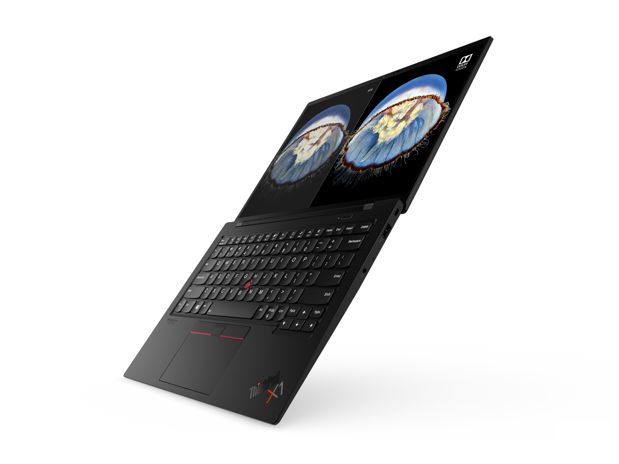An open black Lenovo ThinkPad X1 laptop displaying jellyfish on its screen.