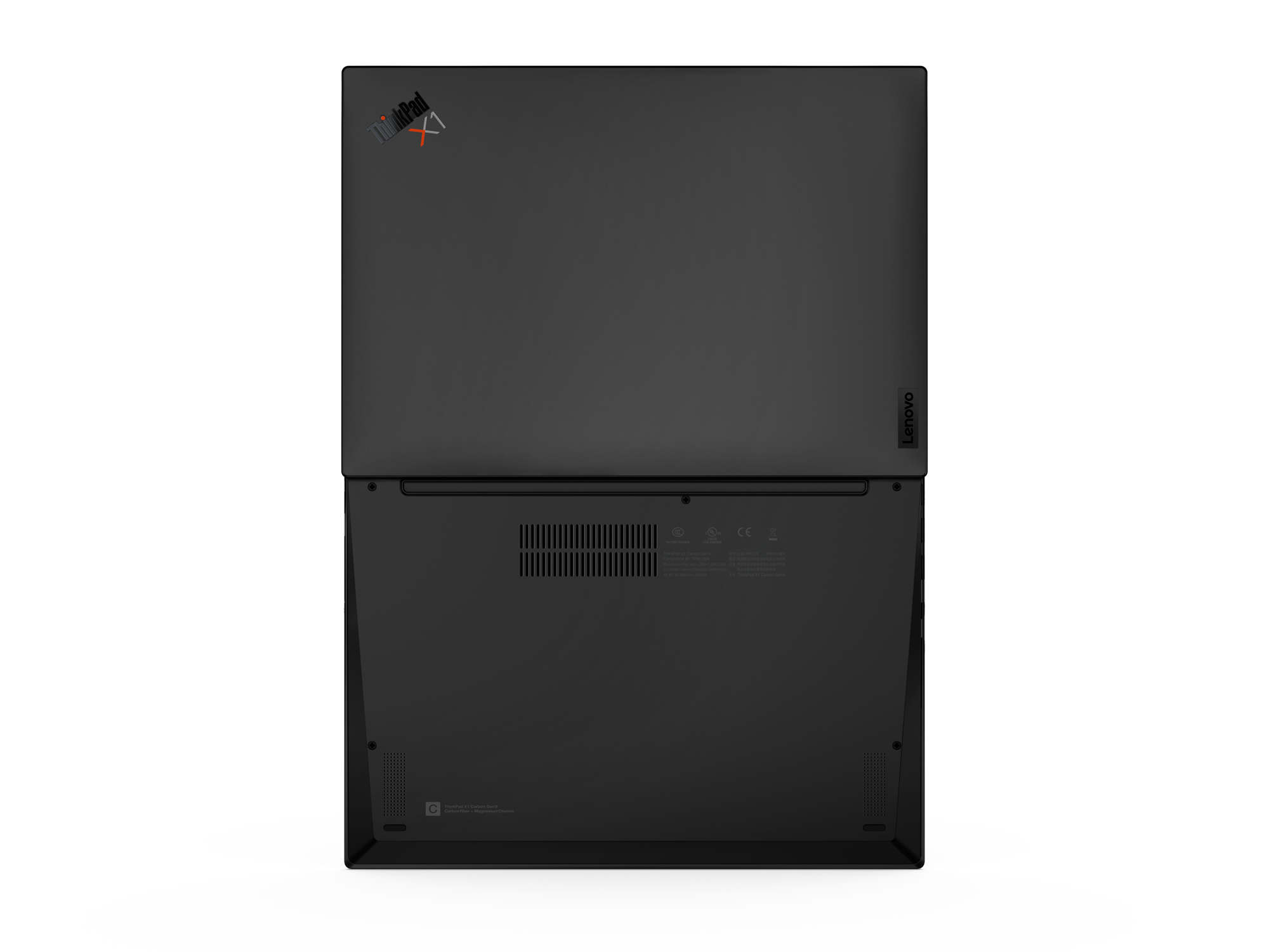 Underside of a black laptop showing a ThinkPad X1 logo.