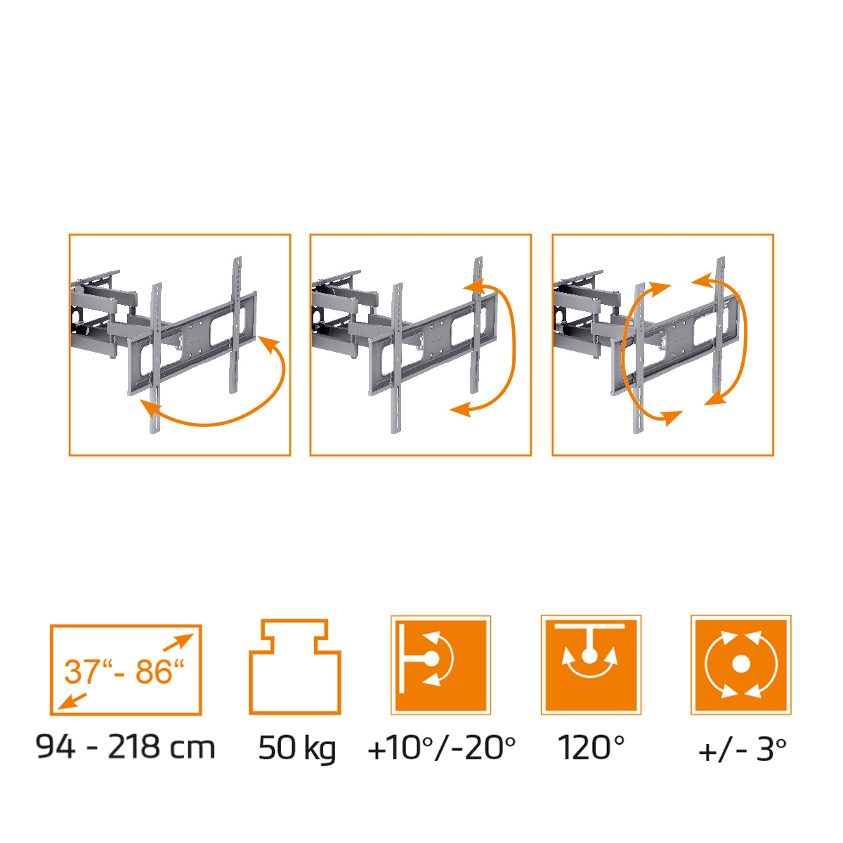 Soporte de pared para TV de 37-86", máx. 50kg, giratorio e inclinable.