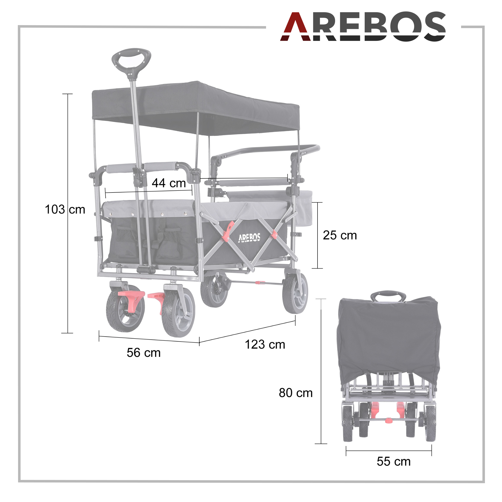 Ein grauer Bollerwagen mit Dach und Maßen: 103x123x56cm.