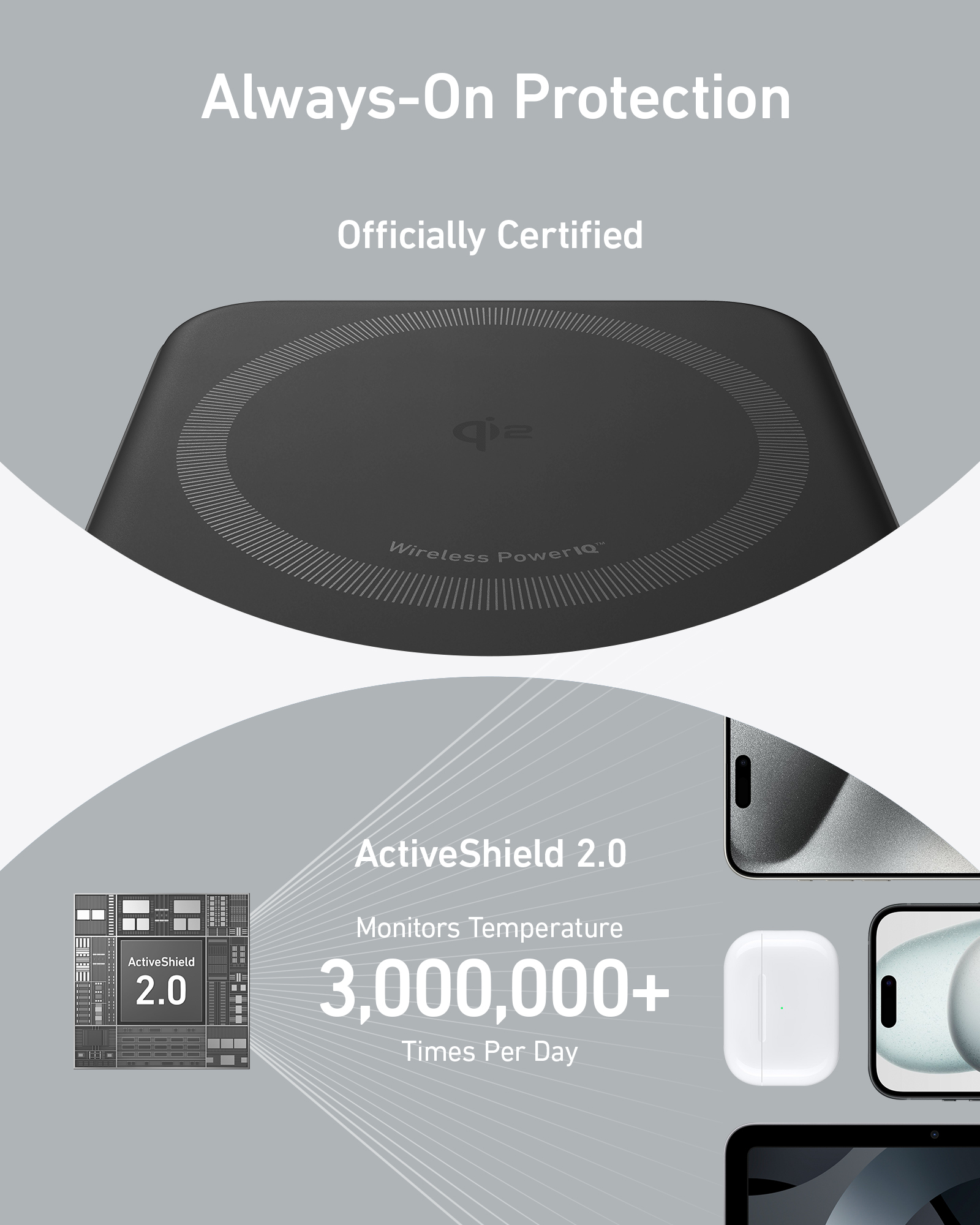Ein schwarzer kabelloser Ladeständer mit Qi-Logo und Text über ActiveShield 2.0.