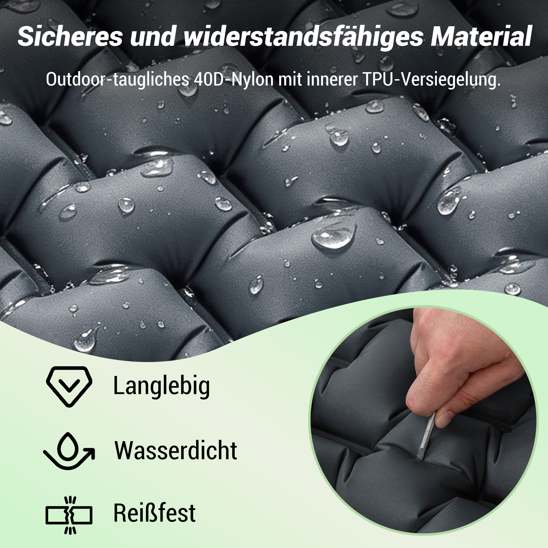 Graues, gepolstertes Material mit Wassertropfen und einem Werkzeug, das eindringt.