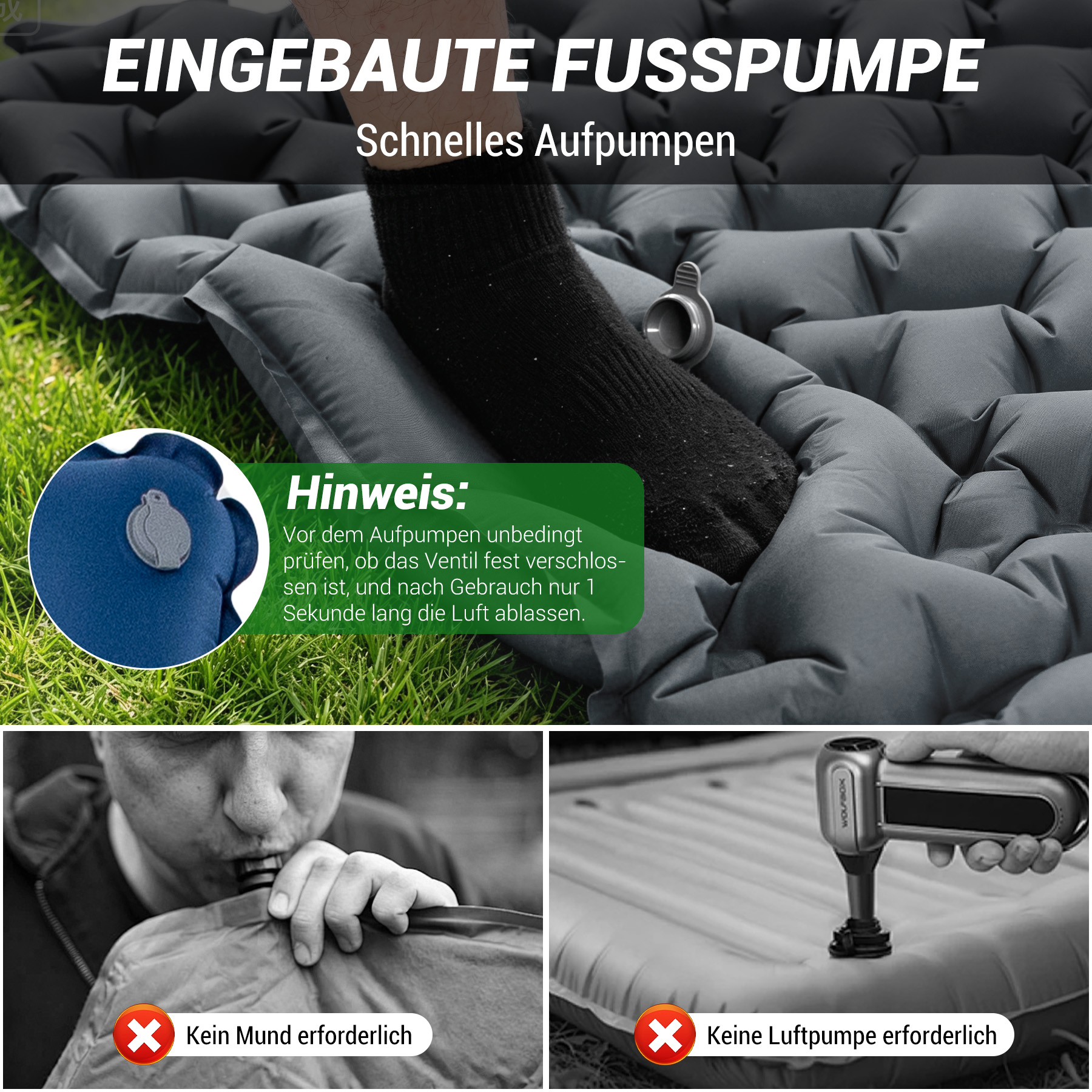 Luftmatratze mit integrierter Fußpumpe, keine externe Pumpe oder Mund nötig.