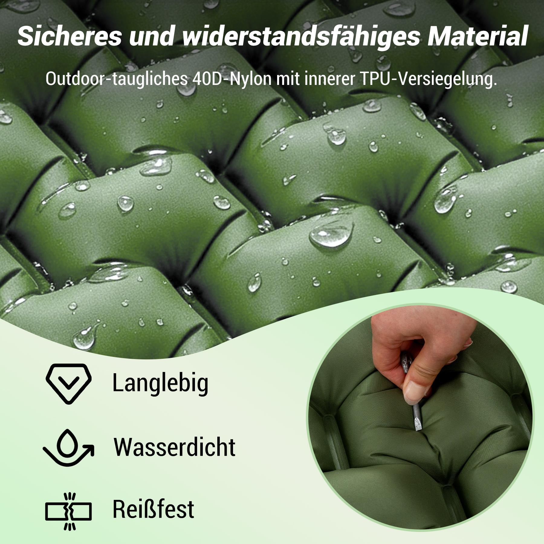 Grünes, wasserabweisendes Material mit Luftkammern. Icons für Haltbarkeit.