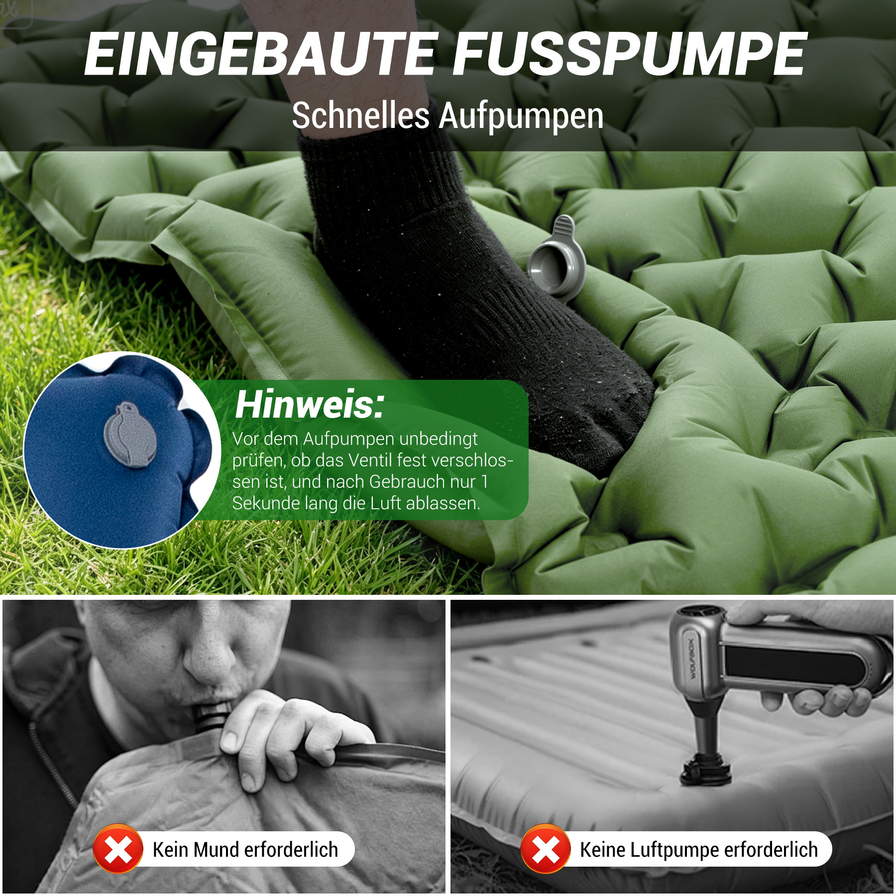 Eingebaute Fußpumpe: Schnelles Aufpumpen ohne Mund oder Luftpumpe.