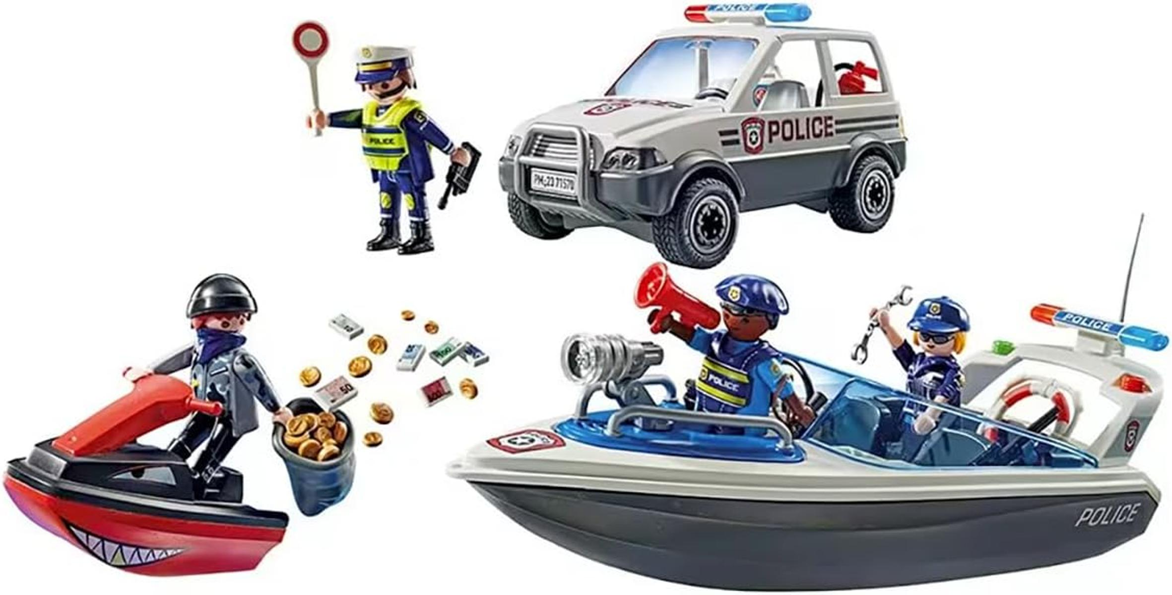 Set de policía Playmobil con coche, barco, oficiales y hombre en moto acuática con dinero.