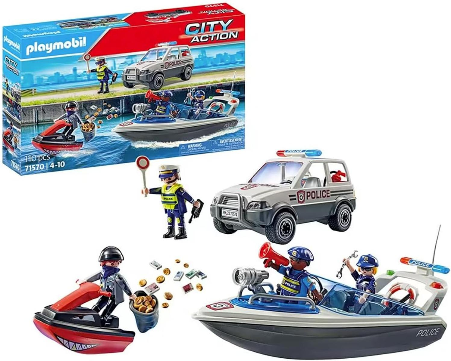 Set de policía Playmobil con barco, moto acuática, coche y figuras.
