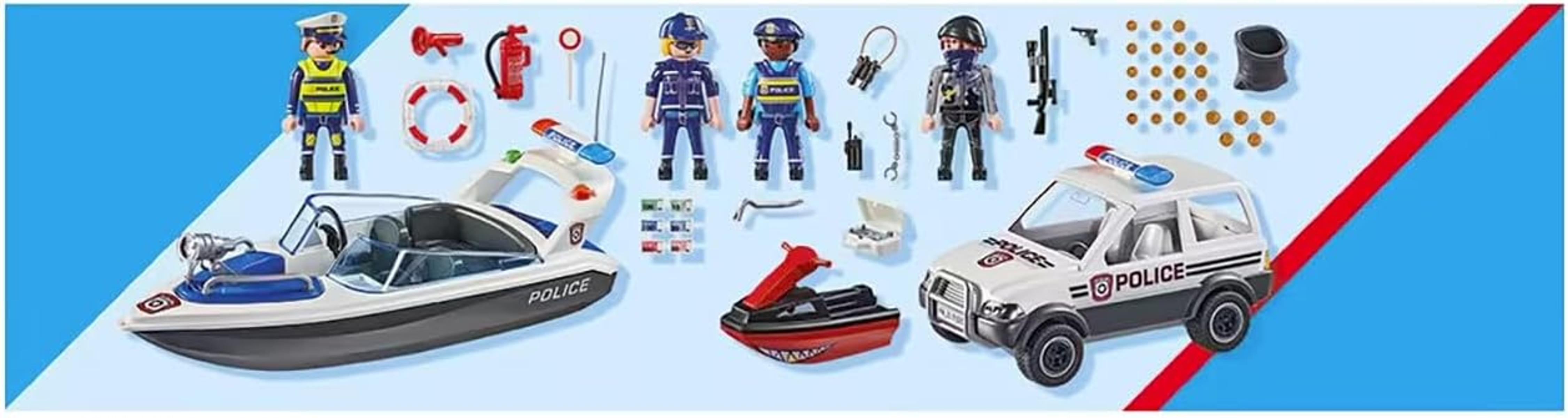 Set de policía Playmobil con barco, coche, moto acuática y figuras.
