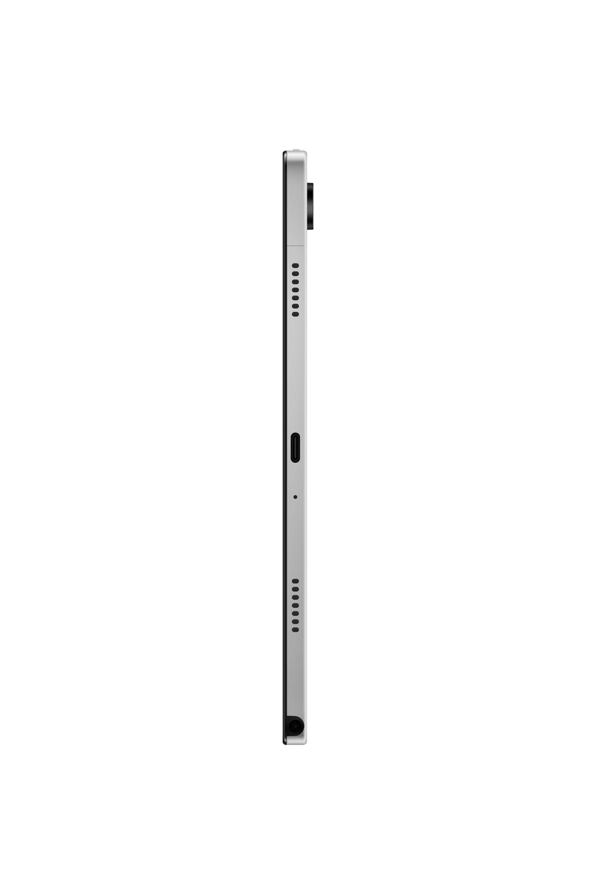 Gümüş rengi tabletin yan görünümü; kamera, hoparlör delikleri ve USB-C bağlantı noktası.