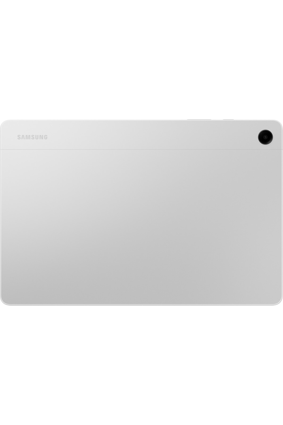 Sağ üst köşede kamerası olan beyaz bir Samsung tabletin arkası.