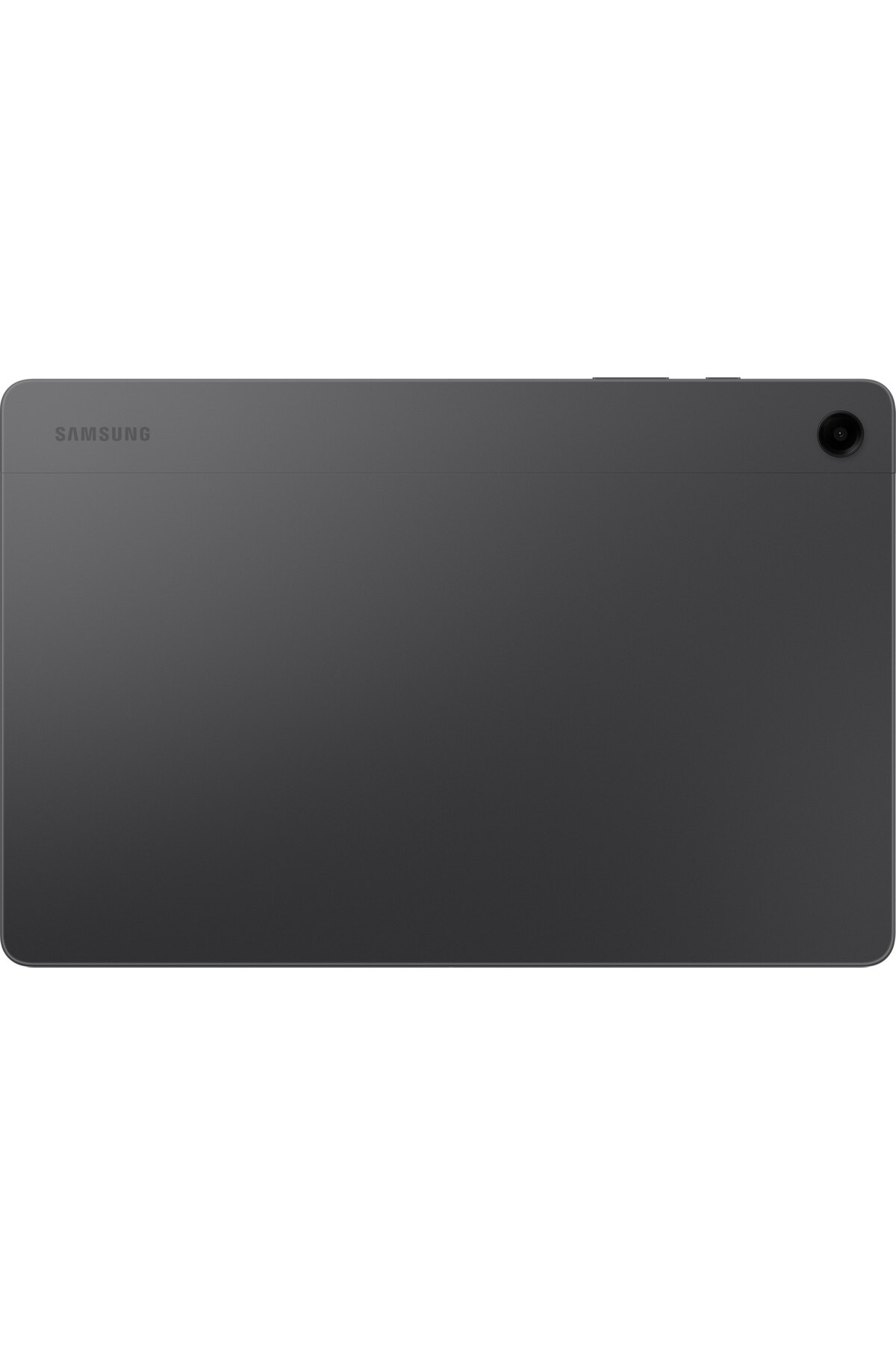 Üst kenarda kamera ve düğmeleri olan koyu gri Samsung tablet.