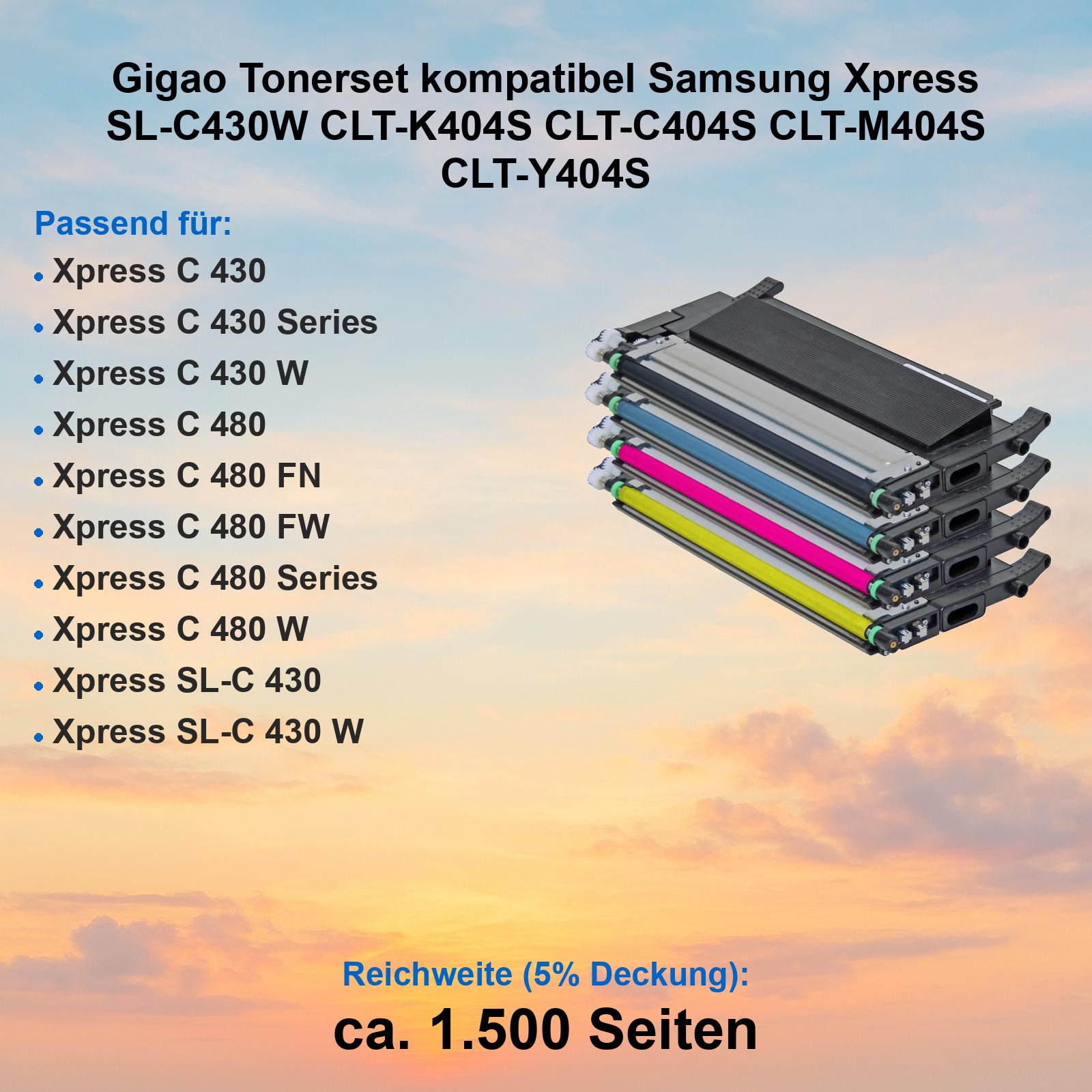 Ein Tonerset mit vier Patronen in Schwarz, Blau, Pink und Gelb. Kompatibel mit Samsung Xpress.