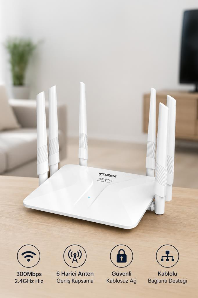 Altı antenli beyaz Wi-Fi router ahşap masada duruyor.