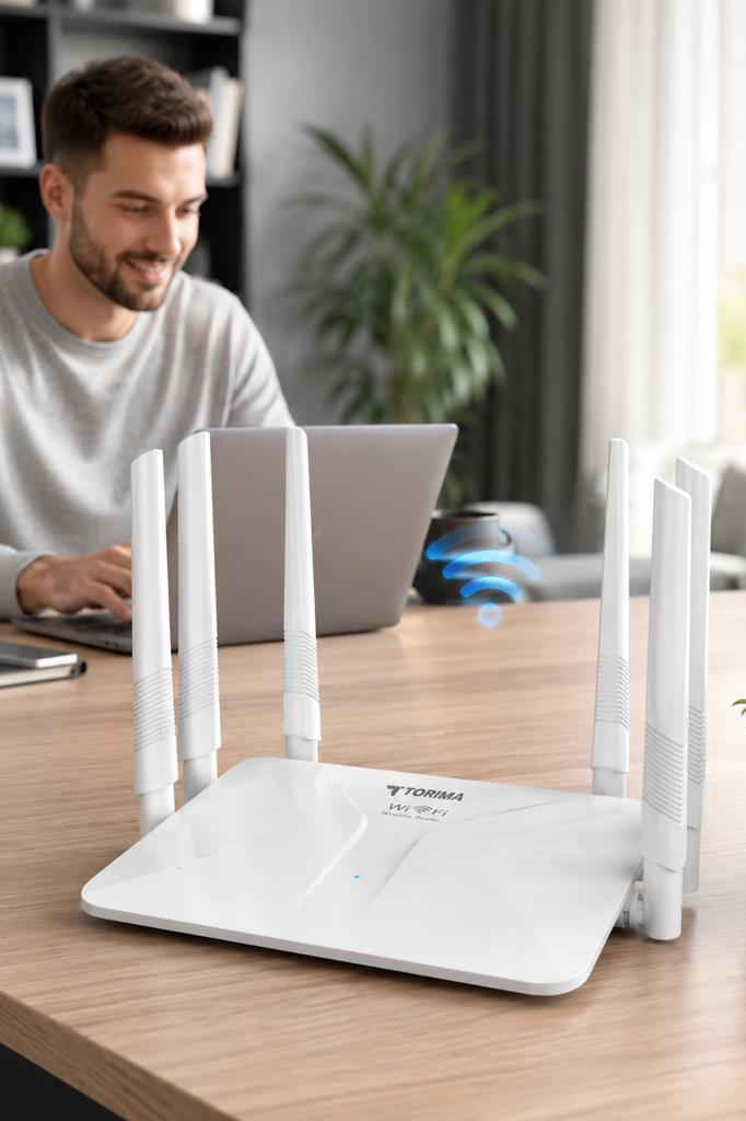 Bir adam dizüstü bilgisayarda çalışıyor, ön planda WiFi yönlendirici var.
