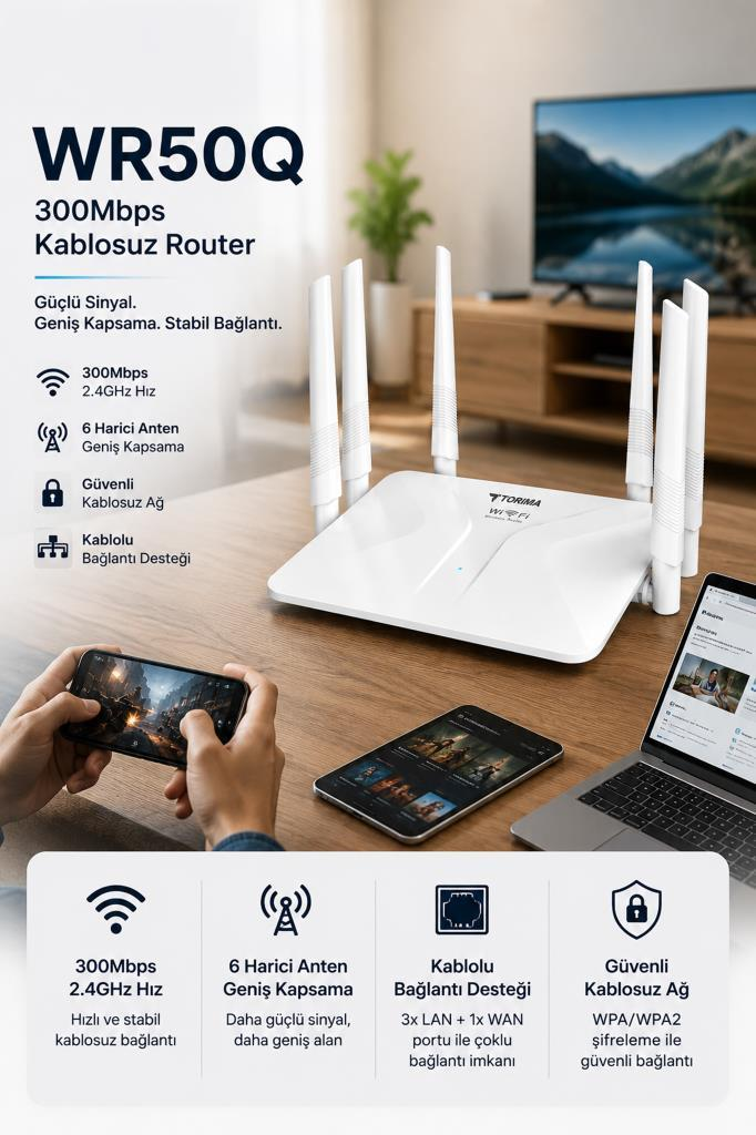 Ahşap masa üzerinde altı antenli beyaz router, yanında akıllı telefon ve dizüstü bilgisayar.