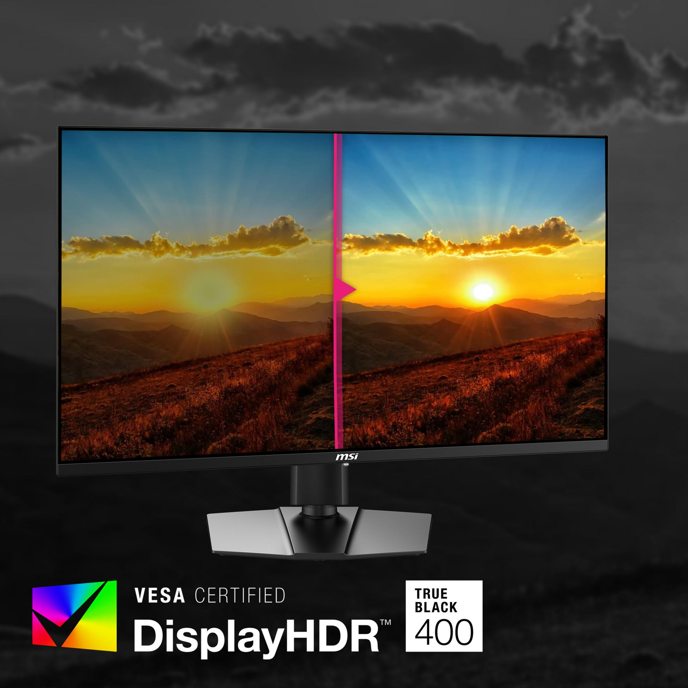 Ein Monitor zeigt eine Sonnenuntergangsszene, geteilt durch einen pinken Streifen.
