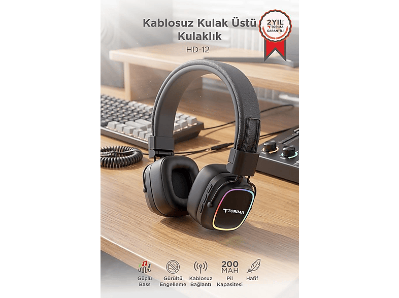 TORIMA Bluetooth RGB Işıklı Güçlü Bas HD12 Kablosuz Kulak Üstü Kulaklık Siyah