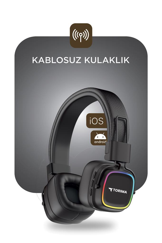Renkli parlayan kenarlı ve Android/iOS simgeli siyah kablosuz kulaklık.