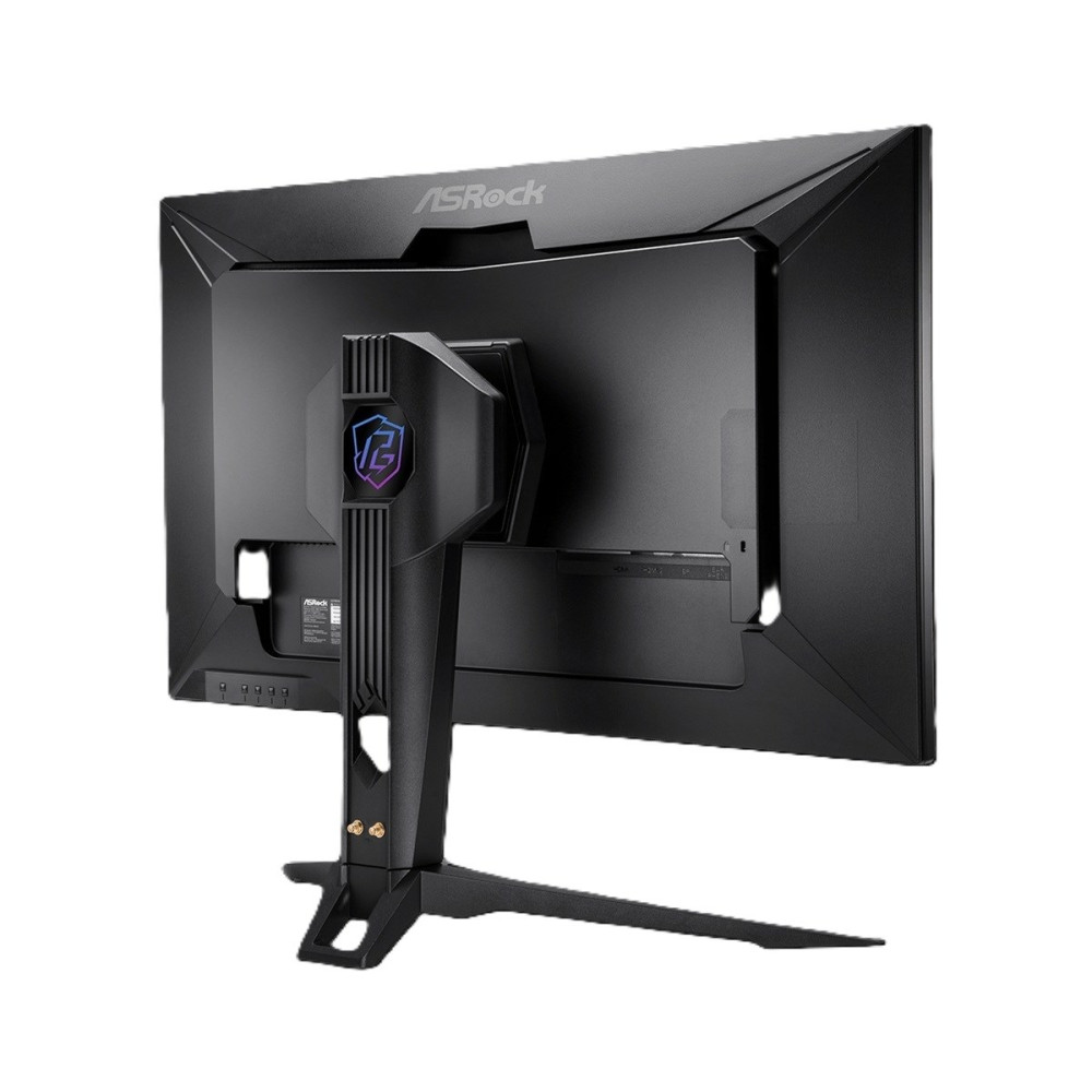 Tył czarnego monitora ASRock ze stojakiem i logo.