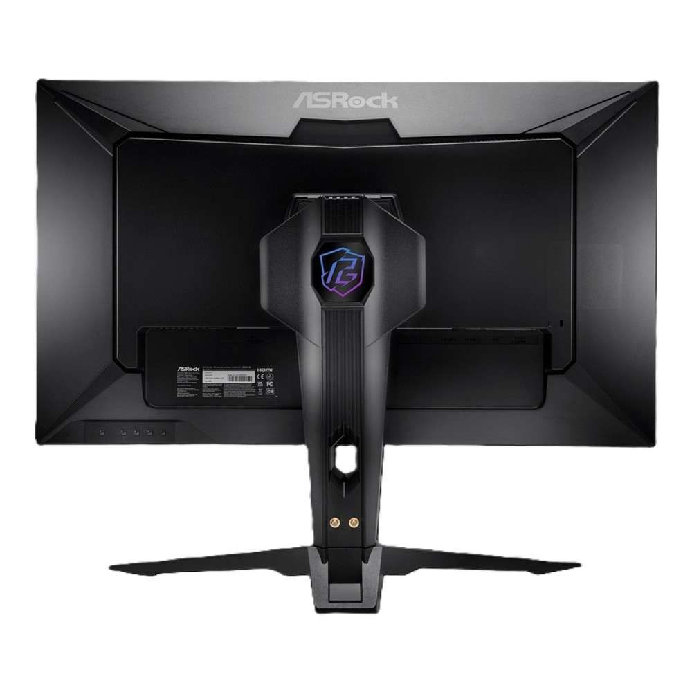 Tył czarnego monitora gamingowego ASRock z charakterystycznym stojakiem i logo.