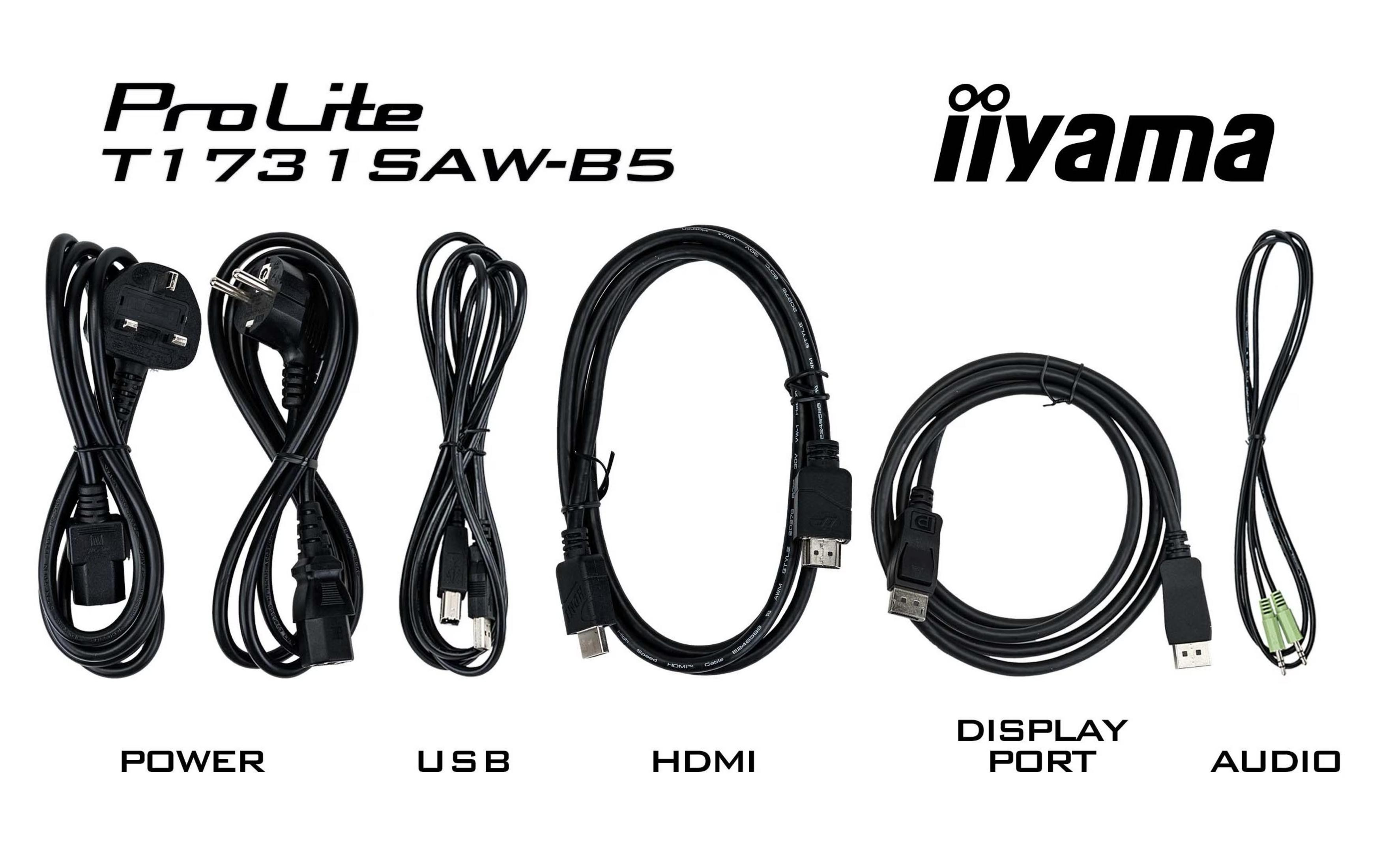 Mehrere schwarze Kabel: Strom, USB, HDMI, DisplayPort, Audio