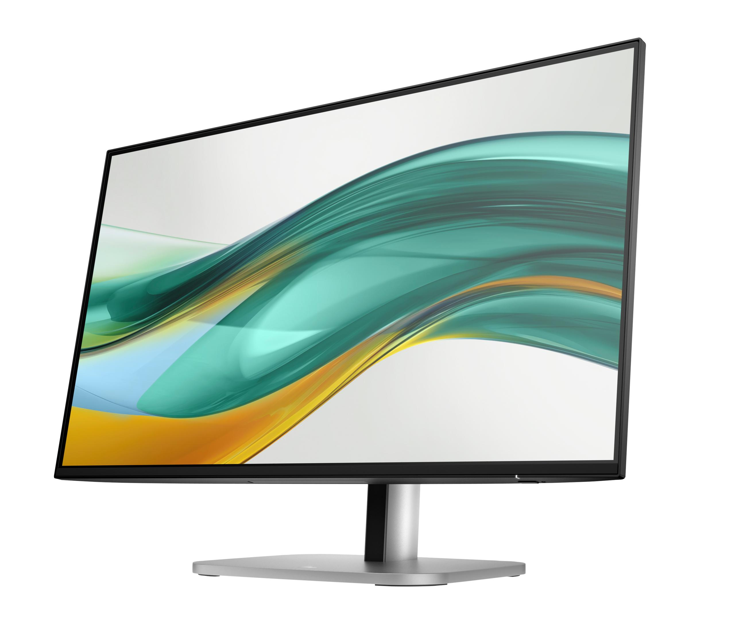 Un monitor moderno che visualizza un motivo astratto e ondulato in verde e giallo sullo schermo.